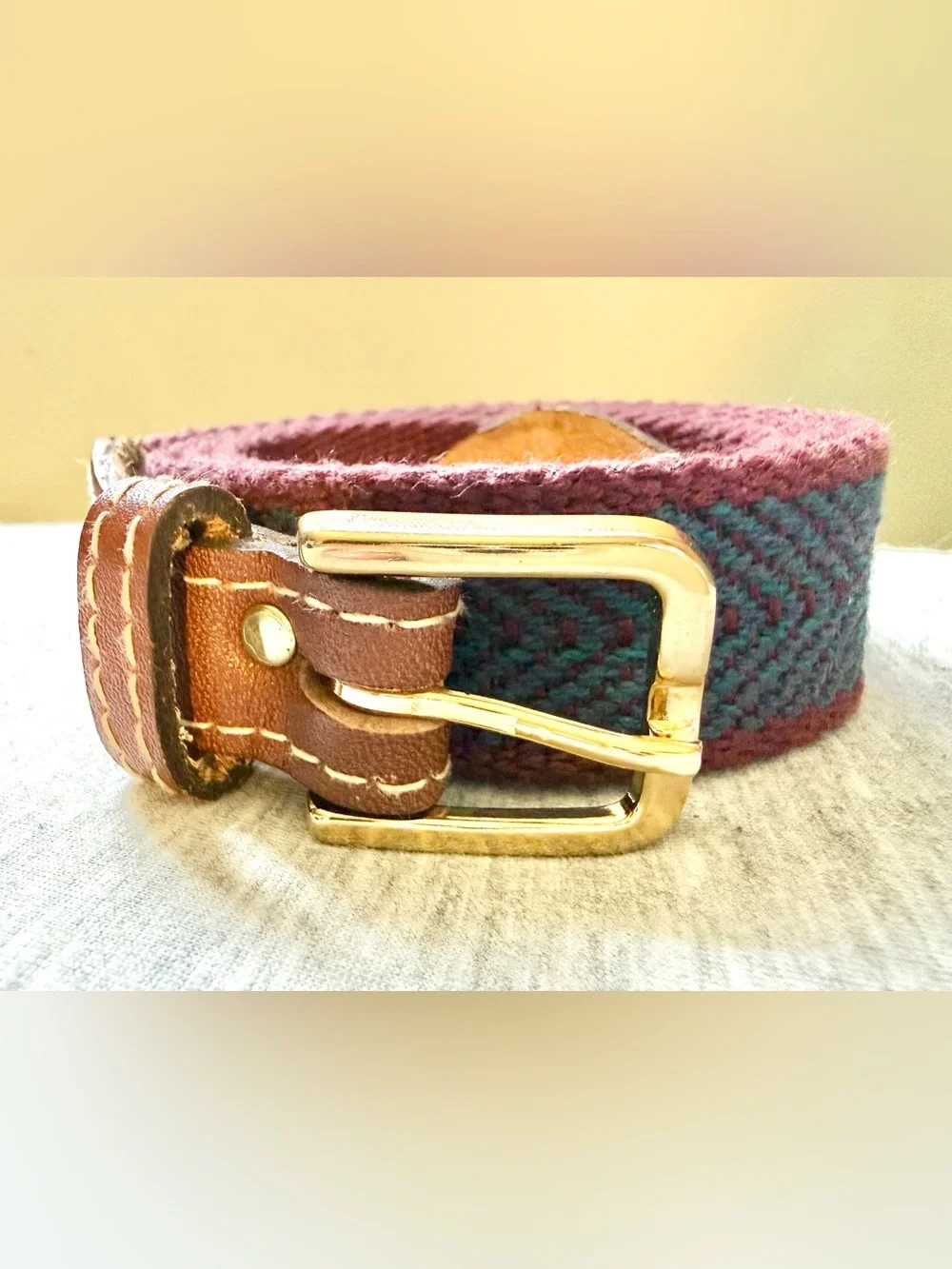 Women’s 1980’s “Preppy” Webbed Ribbon Herringbone Navy & Maroon Belt Size 35-37”